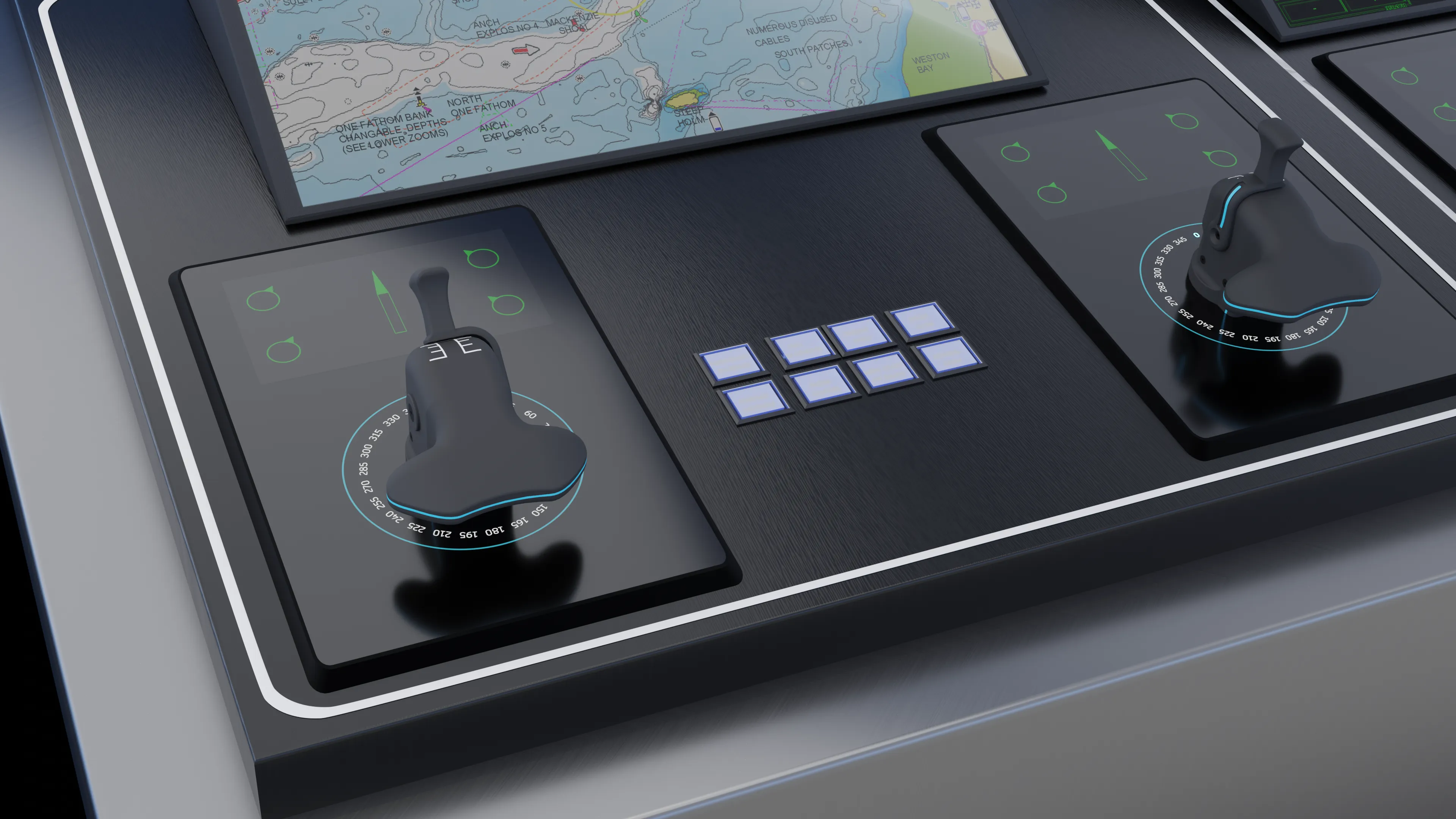 The Azimuth Controller on a ship's bridge console, beside a nautical chart display.