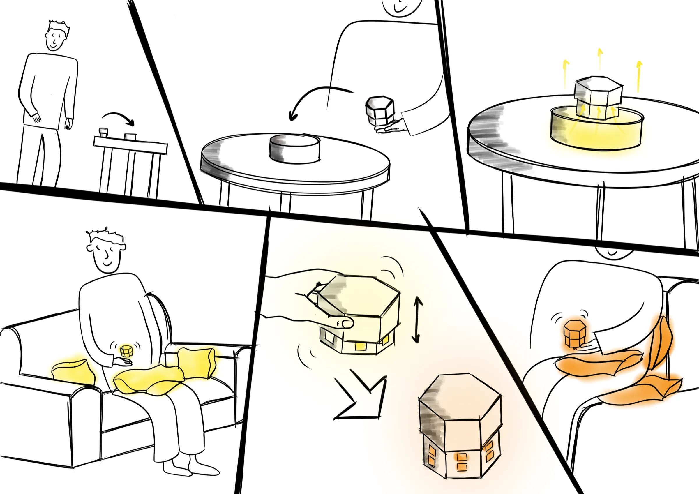 Hand-drawn storyboard: a person lifts a hexagonal module from a hub on a side table, it glows warm, they settle on a sofa under blankets and pull the module apart to raise the heat.