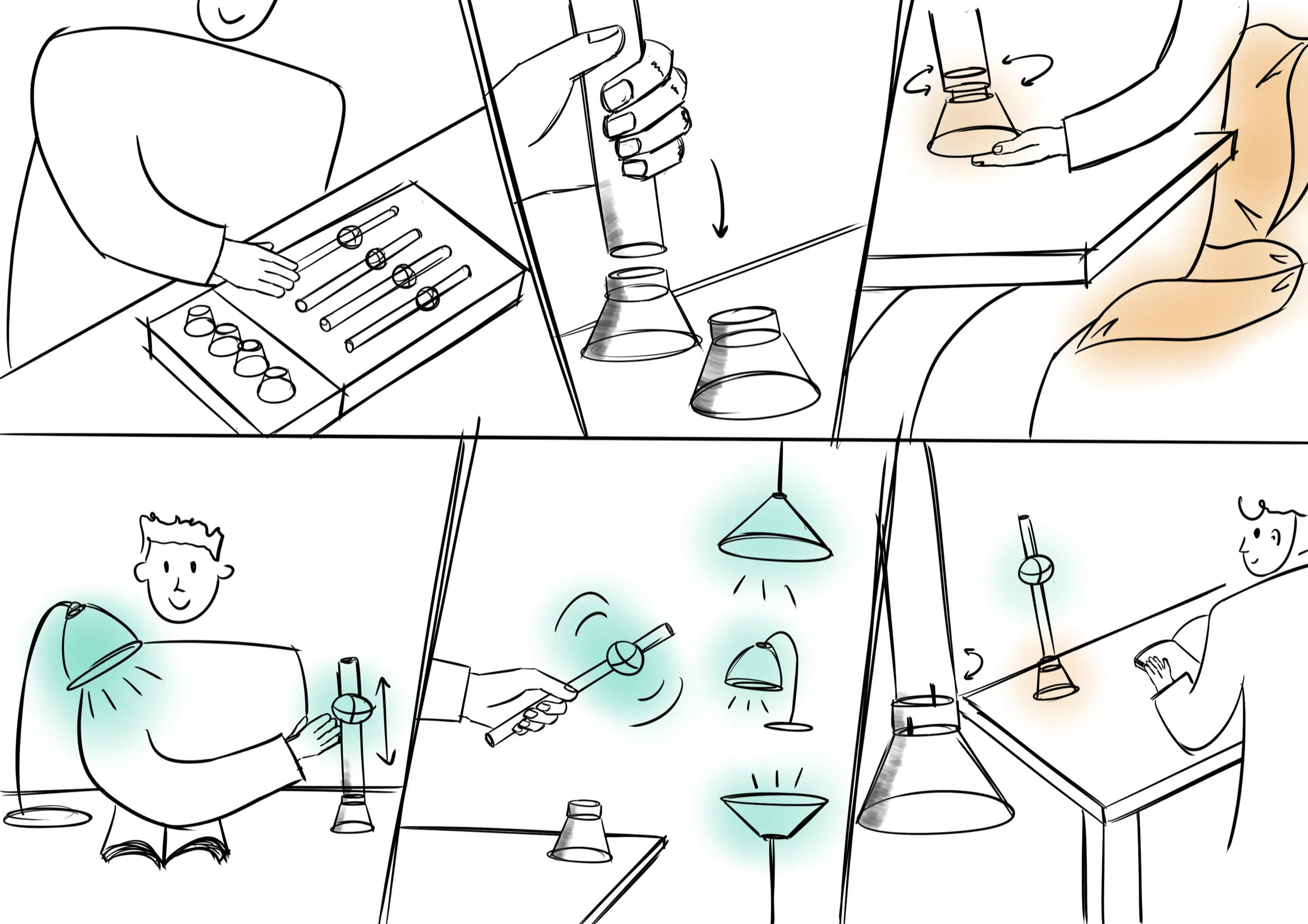 Hand-drawn storyboard: a wand is lifted from a tray of them, pushed toward a lamp which lights up, then rotated to adjust several lights around a room.