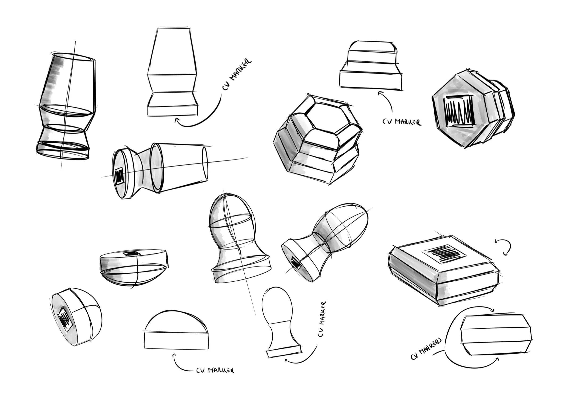 A sheet of pencil form sketches for the controller: cylinders, faceted solids, doorknob and chess-piece shapes, each annotated with where the CV marker would sit.