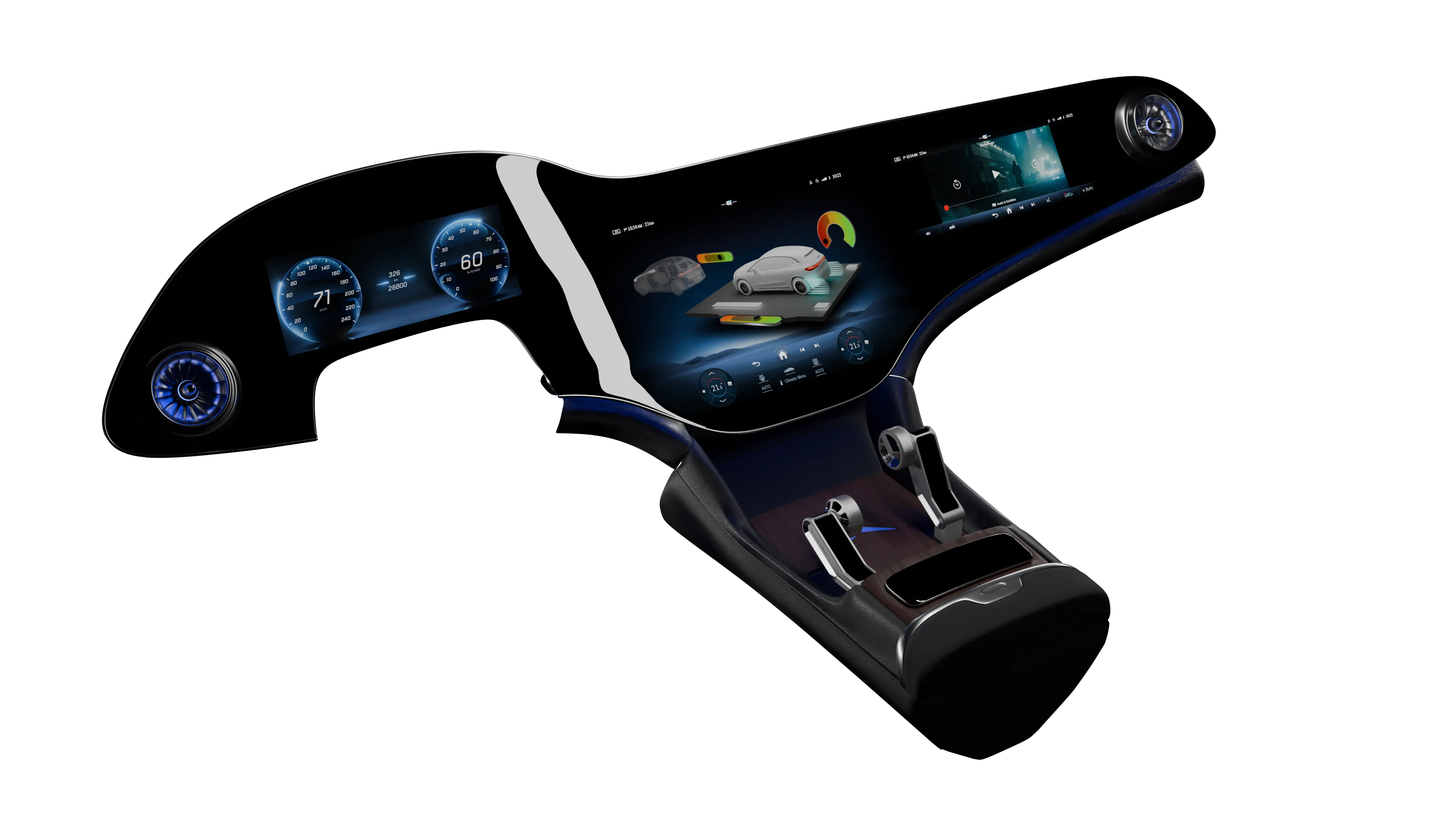 The Glide cockpit render: a continuous curved display flanked by turbine-style vents, both tangible driving-style controls docked in the centre console.