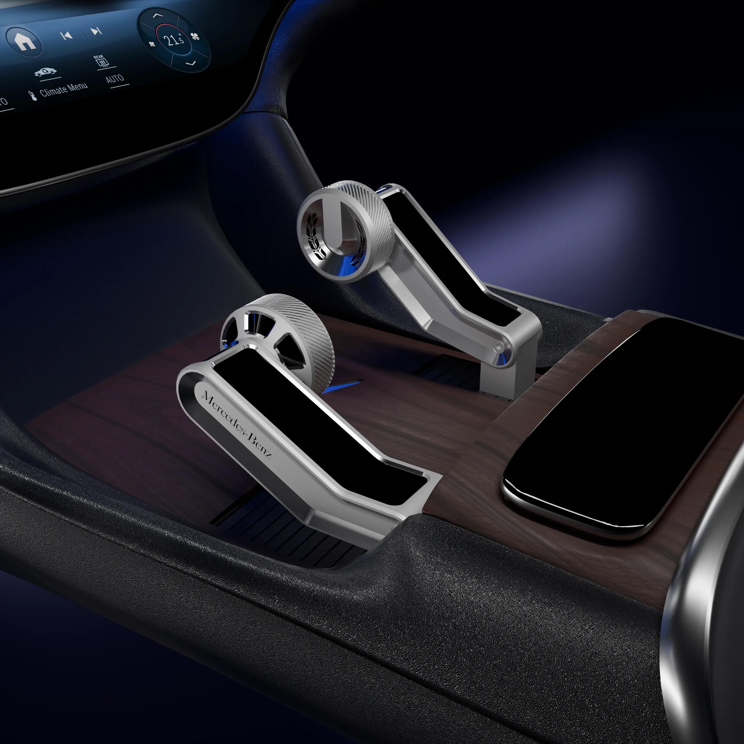 Close-up render of the two Glide handles docked side by side in the centre console, knob and lever detail visible.