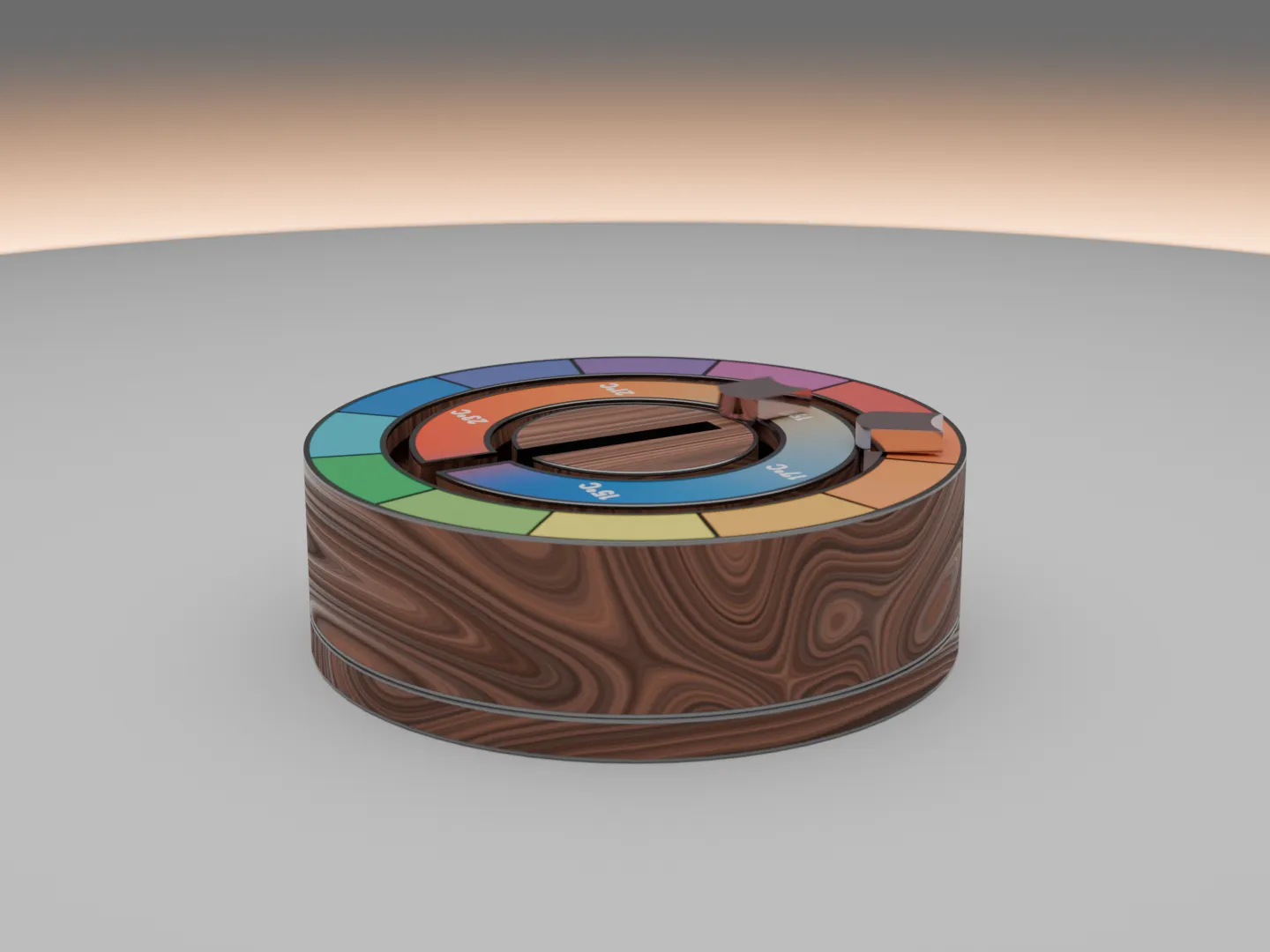 The Heat Aura control dial: a wooden puck with a rotating colour-temperature ring.