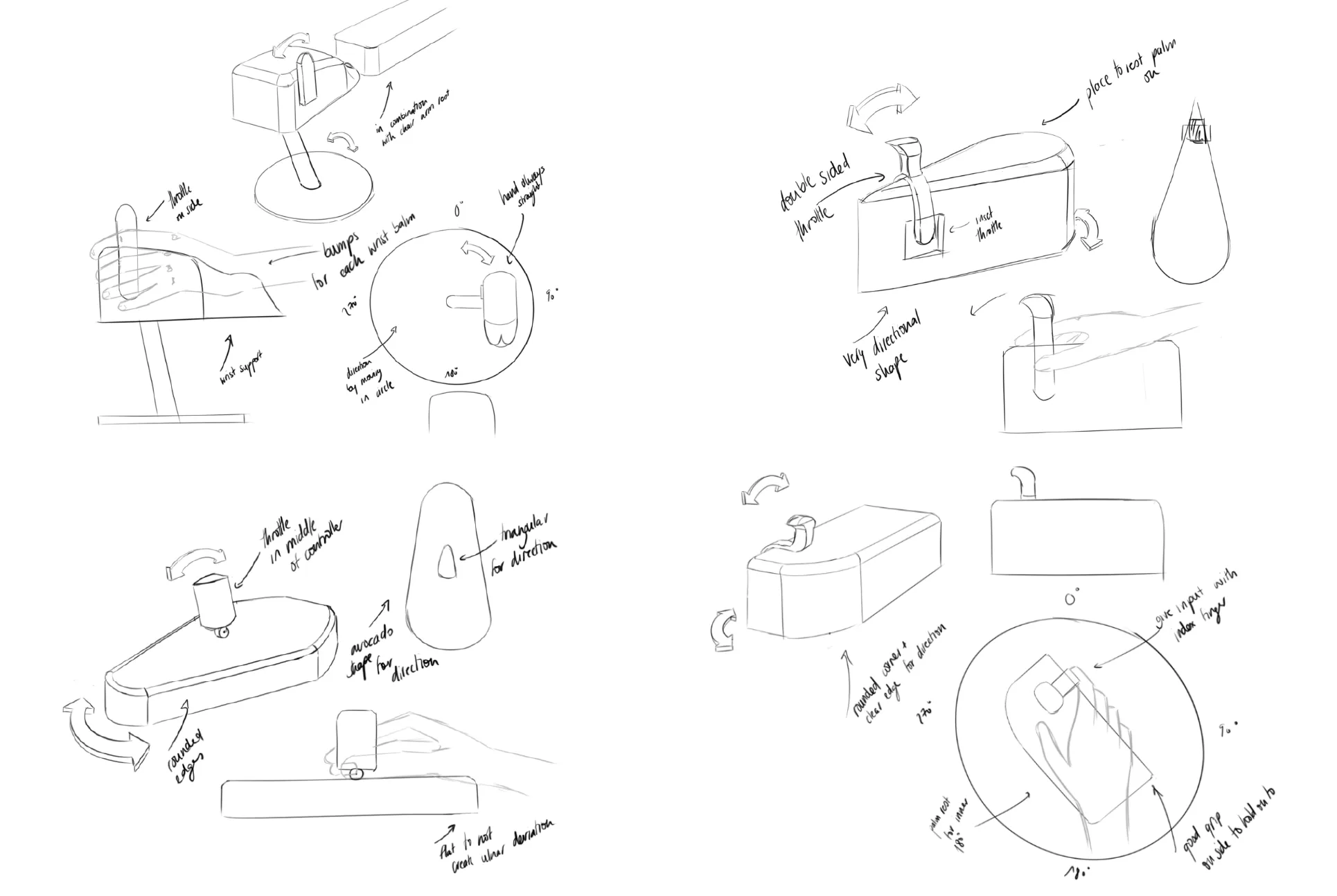 Four quadrants of loose pencil concept sketches for azimuth control units, annotated in handwriting.