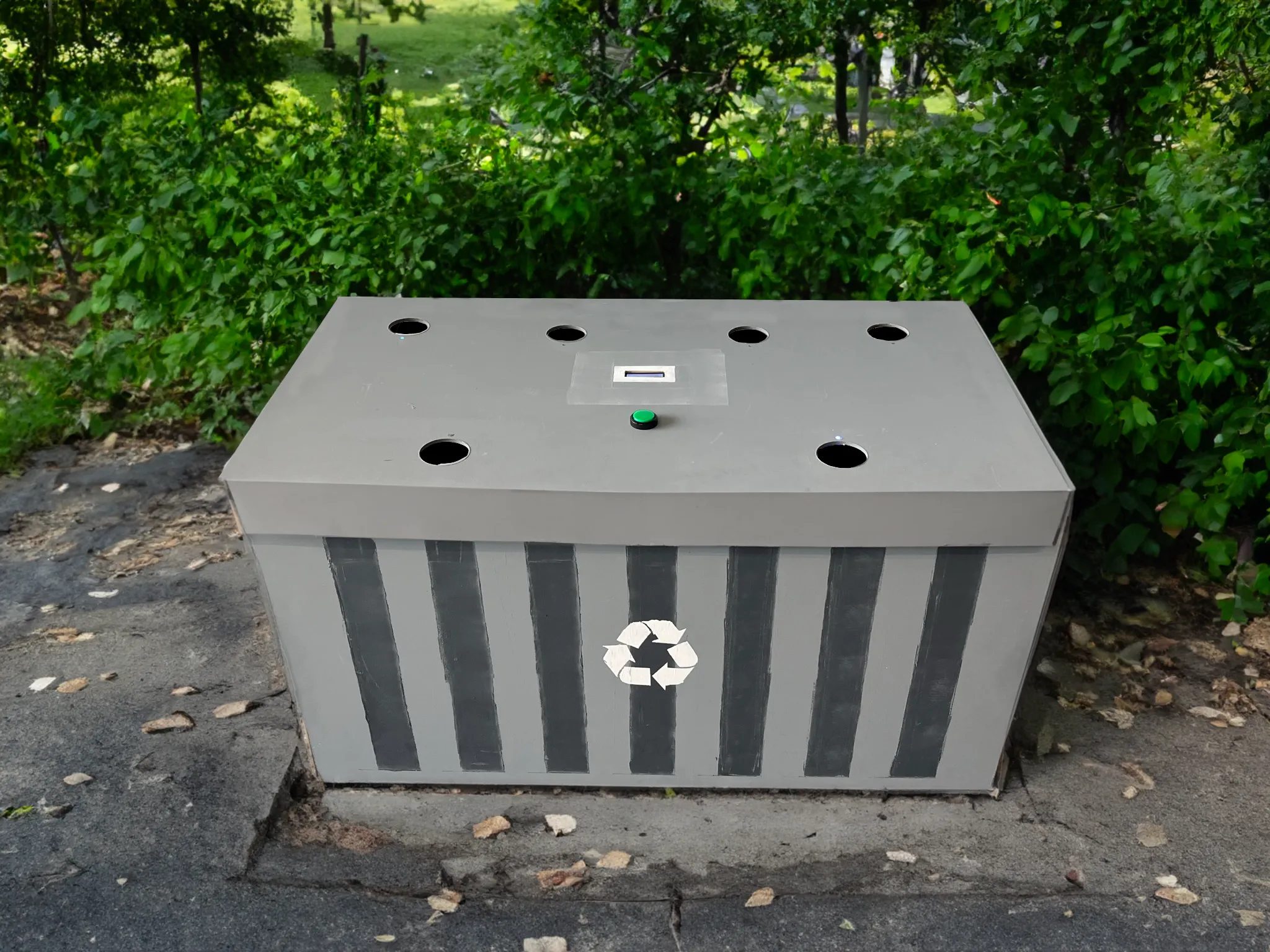 The trashcan seen head-on beside a hedge: six circular holes across the grey top surface, a small screen and a green button between them, painted stripes down the front.
